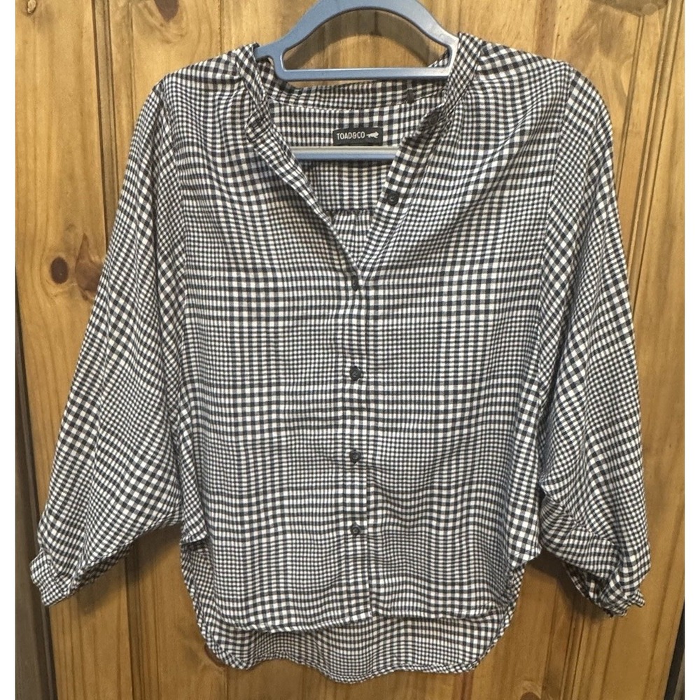 Toad&Co Women's Button Front‎ Gingham Check Blouse S Black White 3/4 Sleeve
